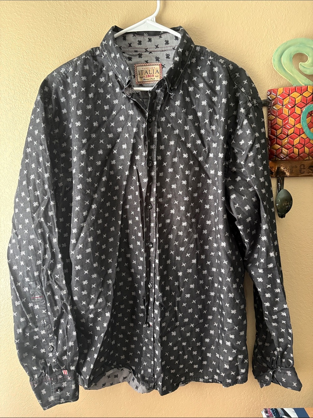 Men's Black Button-Down Shirt with White Cross Pattern